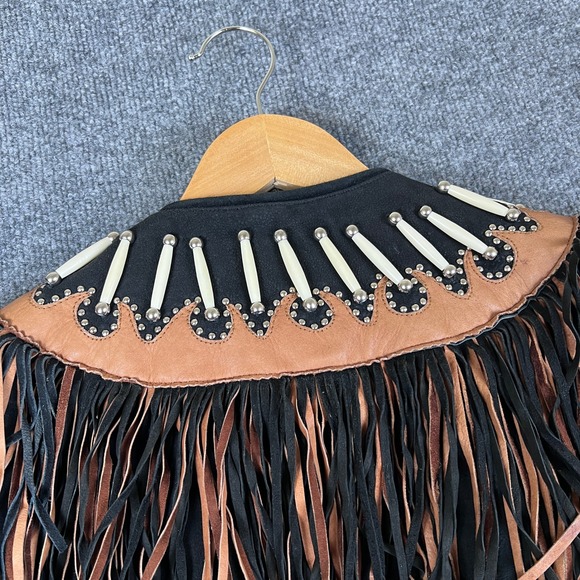 Leather Gallery Jacket Womens XL Black Suede Fringe Western Bone Studded Cowgirl - Picture 6 of 13